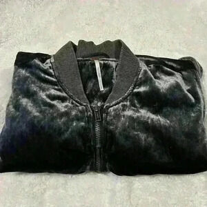 Free People Ruched Plush Velvet‎ Bomber Jacket Medium Gray Draped Zip Front